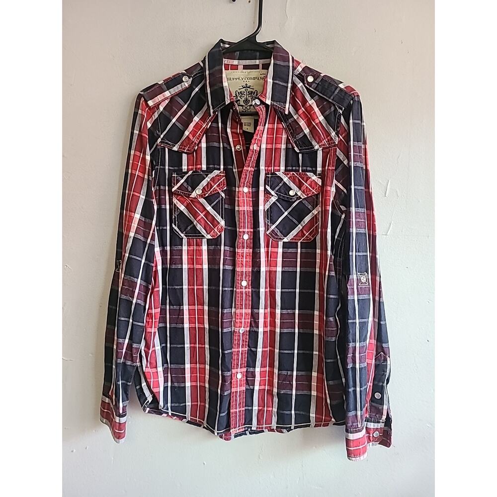 Mens small Supply Company red blue plaid long sleeve shirt pearl snap up Western